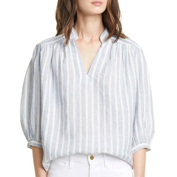 Frame Cali 100% Linen V-Neck Boxy Blouse Shirt in Chambray Multi Stripe Large - Picture 1 of 6